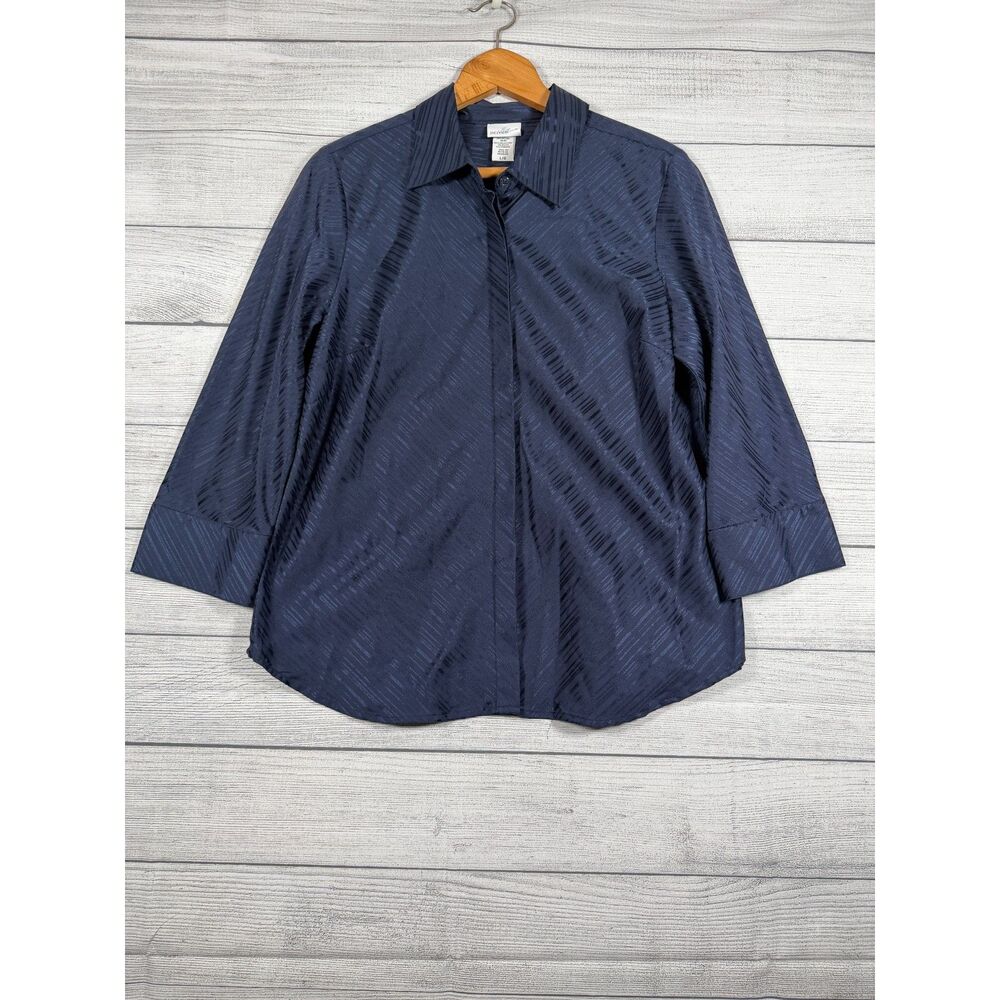Jaclyn Smith Womens 12 Navy Tonal Stripe 3/4 Sleeve Button Blouse 4168